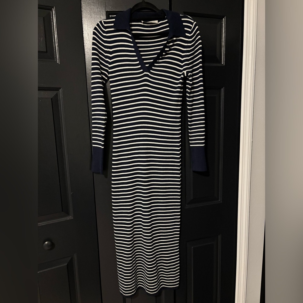 LOFT Navy and White Long Sleeve Dress
